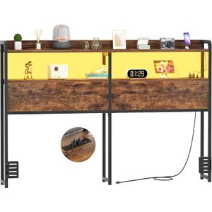 Aheaplus Headboard for Queen Size Bed Frame, Headboards with Outlets, USB Ports and LED Light, Head Board with Storage, Height Adjustable, Sturdy and Stable Headboard, Queen Size, Rustic Brown