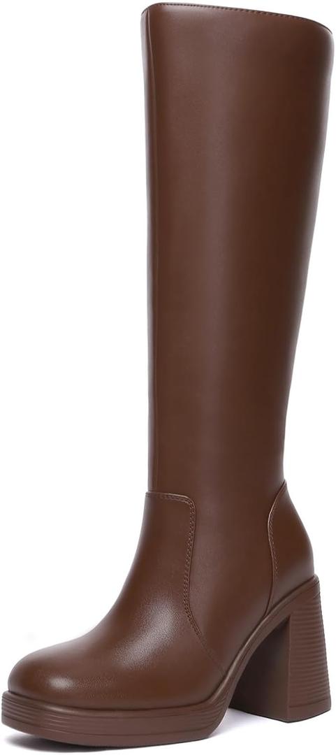 Athlefit Black Knee High Boots for Women Platform Tall Boots Fashion Square Toe Chunky Heeled Booties (9, Brown)