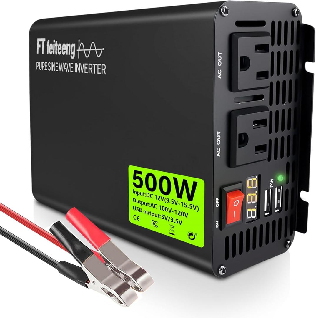 500w Inverter, 12v Dc to 110v/120v Ac Car Power Inverter 2 Ac Outlets and Display Includes 5v 3.4a USB Port Suitable for Vehicles/Rv/Home/Camping with 1000w Surge Protection