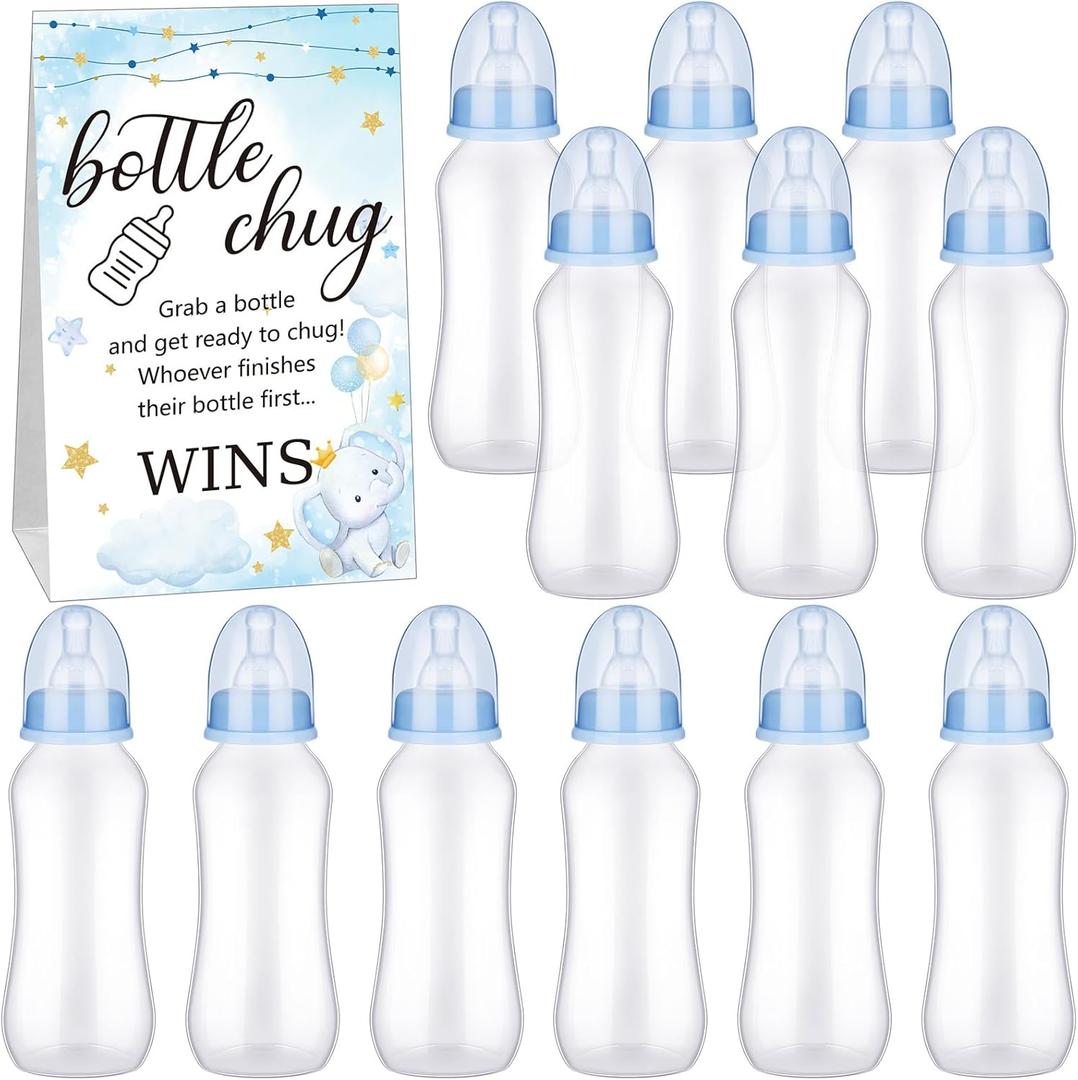 TrelaCo Cool Baby Shower Games Sets 12 Pcs Feeding Bottles with 1 Bottle Chug Sign for Gender Reveal Baby Shower Party Favors Decoration Games(Elephant,Blue)