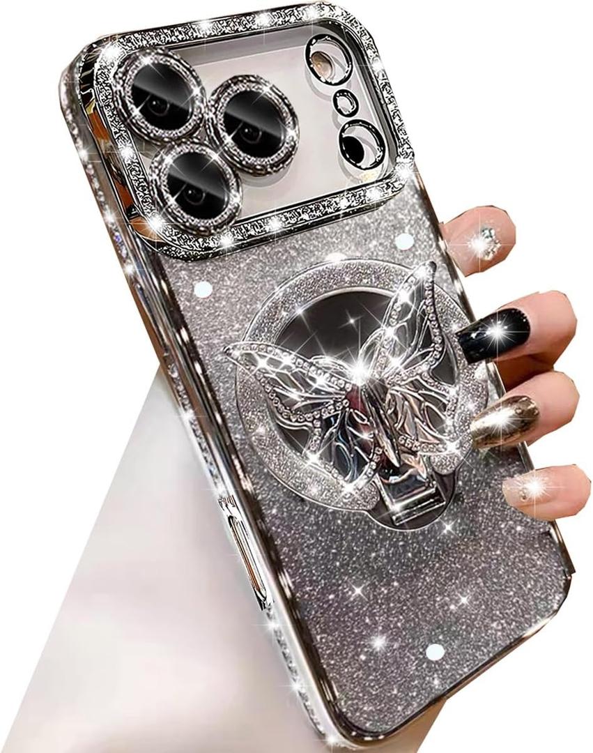 Changjia Magnetic Glitter Case for iPhone 17 Pro,[Compatible with MagSafe] Cute Bling Sparkly Diamond with Camera Protector &Butterfly Kickstand&Makeup Mirror Women Girls Case for iPhone 17 Pro,Silver
