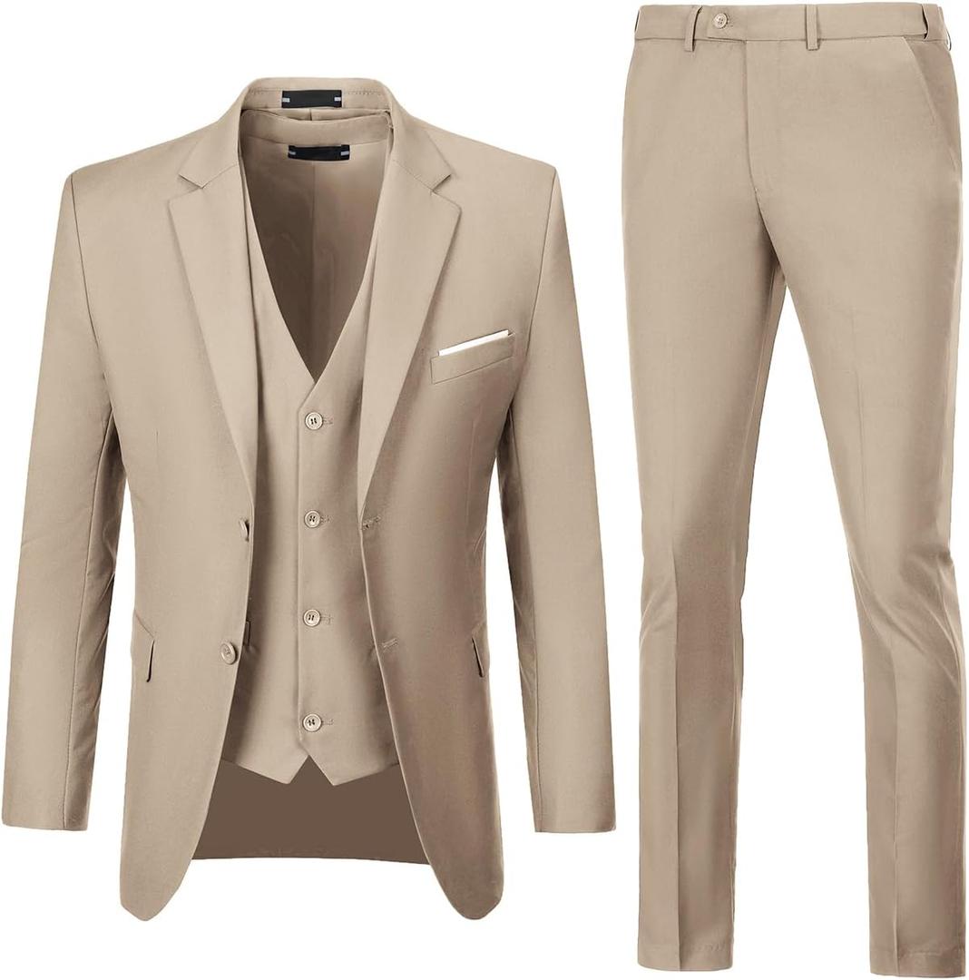 Men Suits 3 Pieces Set Slim Fit Wedding Suit Groomsmen Prom Suit Tuxedo Business Formal Casual Groom Suit Jacket Blazer Pants (Large, Champagne)