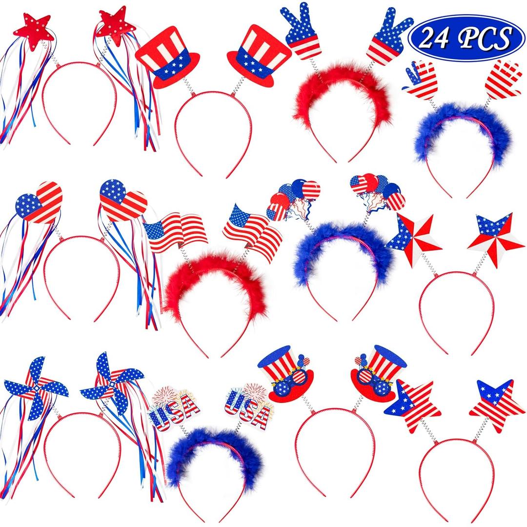 Moon Boat 24PCS Patriotic Head Boppers Headband - Star Uncle Sam Hat Balloons- Fourth 4th of July Party Accessories Favors Decorations
