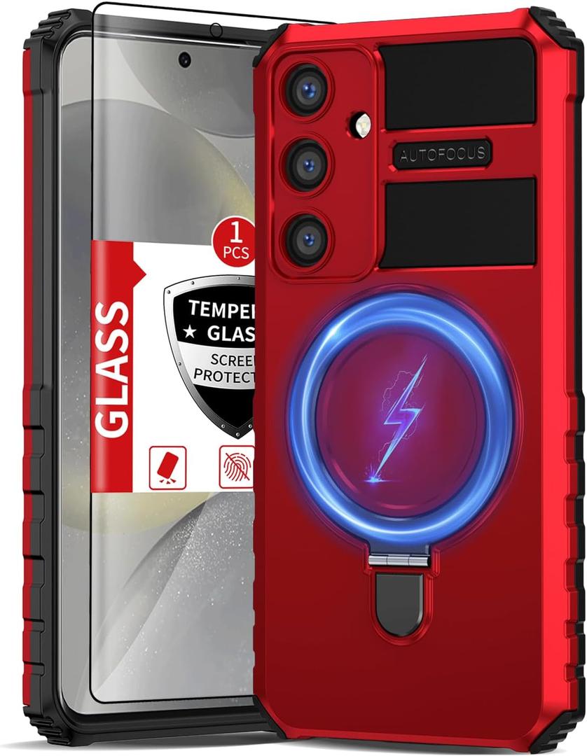 for Samsung Galaxy S24 Plus Case Compatible Wireless Charging Magnetic,with Screen Protector,for S24+Plus Phone Case with Stand Ring Military Grade Shockproof Heavy Duty Protection Red