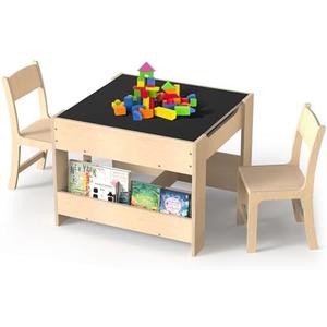 4-in-1 Kids Wooden Activity Desk & Chair Set – Birch Plywood Table with Reversible Whiteboard & Chalkboard, 3 Storage Areas for Toddlers’ Learning, Art, and Play(1-4 Years)