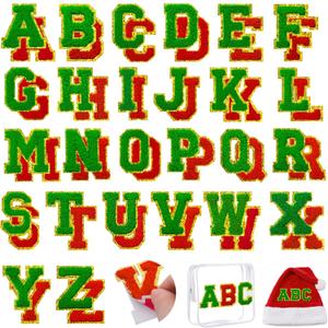 52 Pcs Red Green Christmas Patches Embroidered Chenille Letter Patches Self Adhesive for Clothing,A-Z Letter Stickers Sew on Repair Patches for Jackets Hats Backpacks