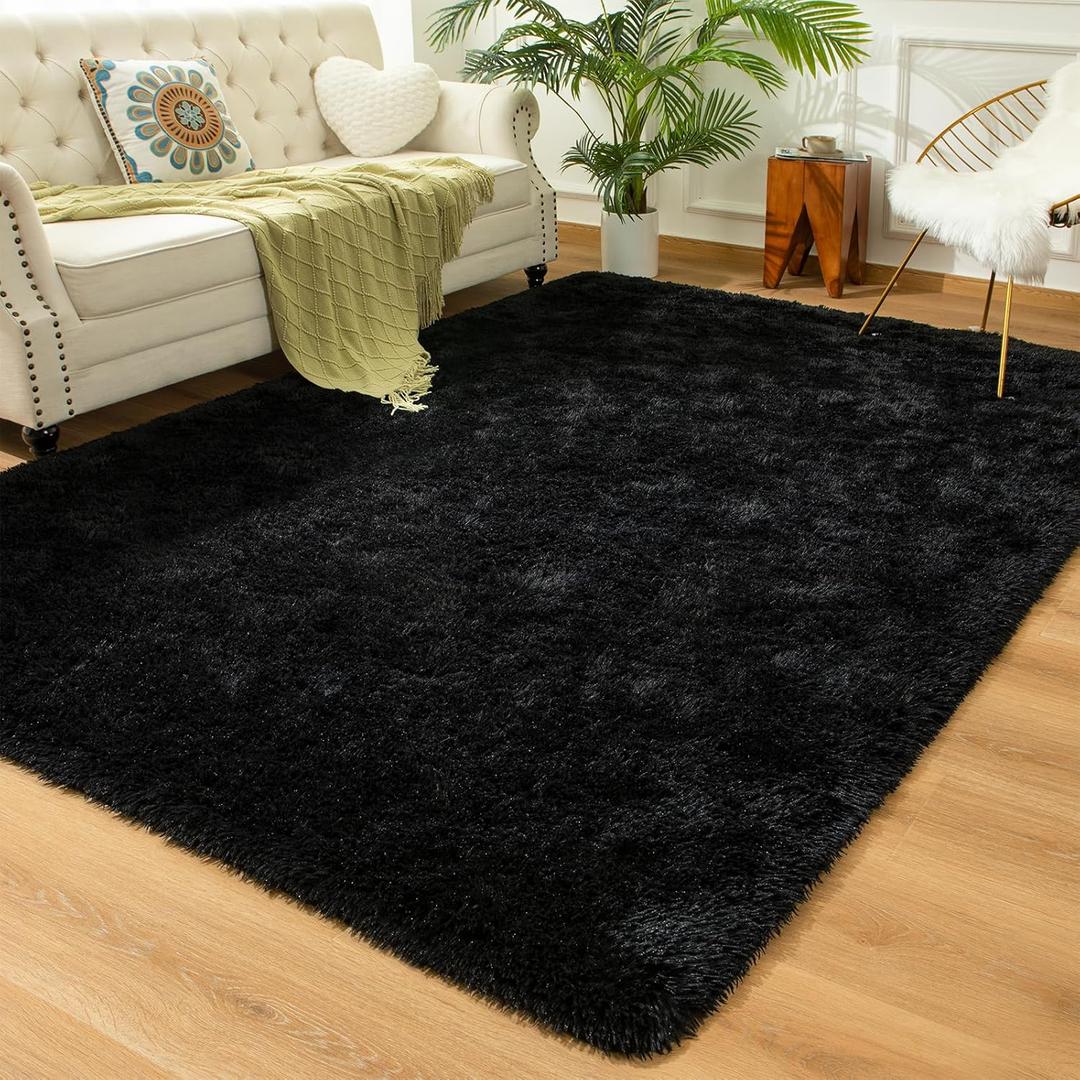Andecor Soft Fluffy Bedroom Rugs, 8 x 10 Feet Indoor Shaggy Plush Area Rug for Boys Girls Kids Baby College Dorm Living Room Home Decor Floor Carpet, Black