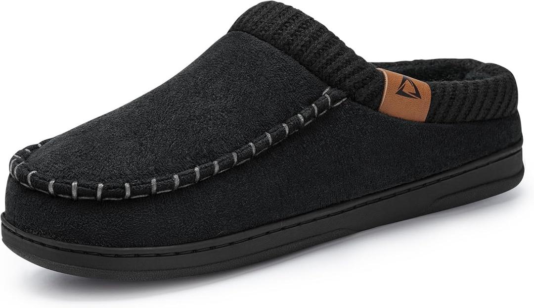 ATHMILE Slippers for Men Memory Foam Indoor Outdoor Moccasin House Shoes Slip-on Comfy Knit Slippers for Bedroom Home (11-12, Black)