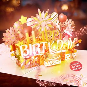 INPHER Birthday Cards for Women Pop Up Happy Birthday Card Blowable LED Candle Light and Music Birthday Gifts for Women Mom Wife Grandma Rose Gold