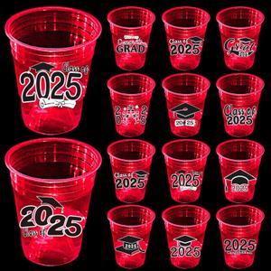 2025 Graduation Party Cups 24 Pack - Glow in The Dark 16oz Plastic Red Cups for Indoor Outdoor Celebrations, Grad Party Supplies & Decorations, Class of 2025 Drinkware with Luminous Design