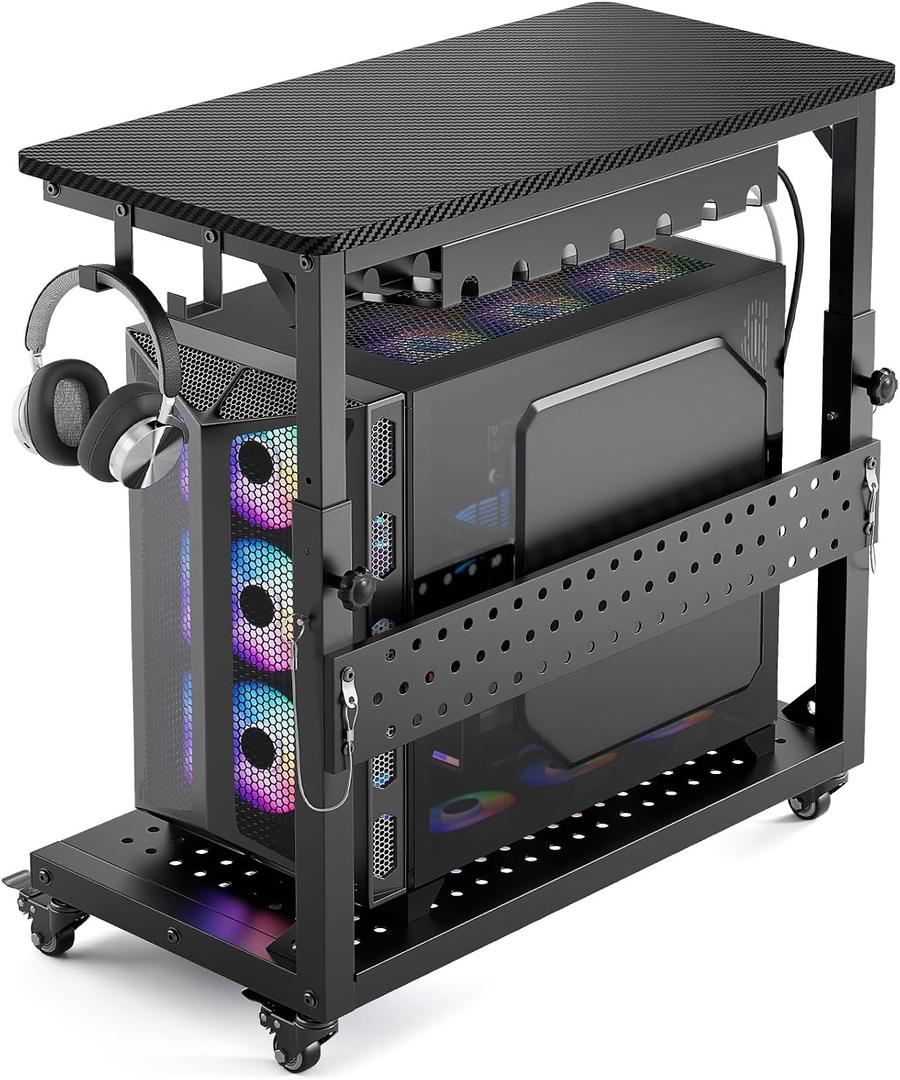 GreenForest Heavy Duty Computer Tower Stand with Wheels, Rolling PC Cart for Gaming, 5-Height Adjustable Full Tower PC Stand with Cable Management, Industrial Casters Home Office, Carbon Fiber Black, 28.1''L x 13.9''W x 29.5''H