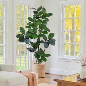 6FT Artificial Green Rubber Tree - 72" Faux Trees Indoor with 70 Lifelike Vivid Leaves and 10 Heads, Tall Fake Potted Plant for Home Office Living Room Decor Housewarming Gift