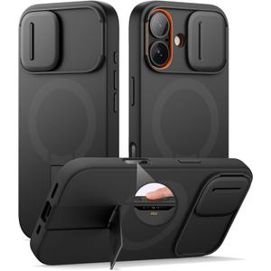 SURITCH for iPhone 17 Case with Camera Control Cover, Camera Slide Cover and Adjustable Kickstand, Compatible with MagSafe, Shockproof Bumper Protective Cases 6.3 Inch, Black