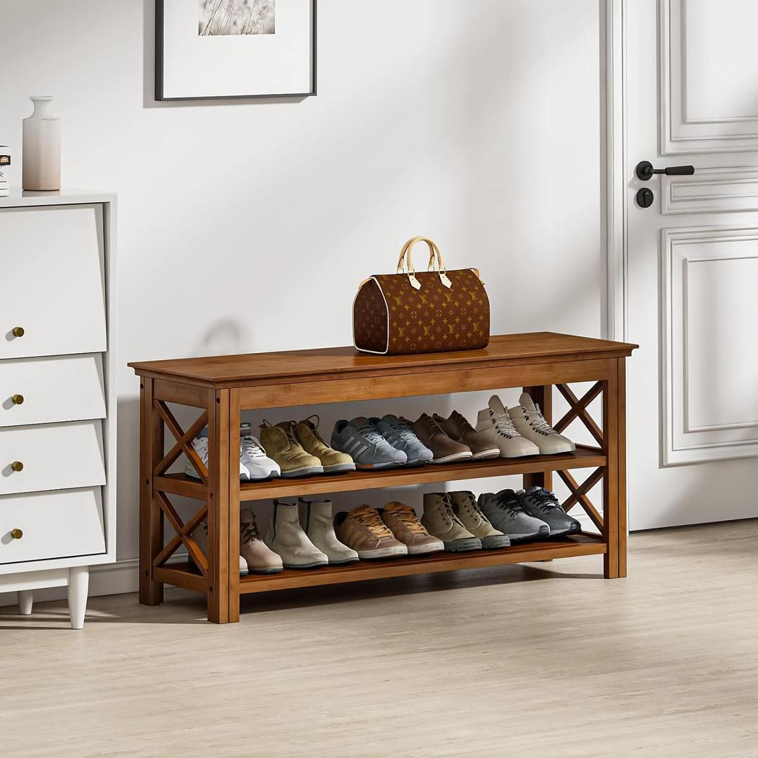 Bamworld Shoe Bench with Storage 3 Tier Bamboo Shoe Benche Entryway Rustic Solid Wood Entryway Bench (X-Brown,39.4")