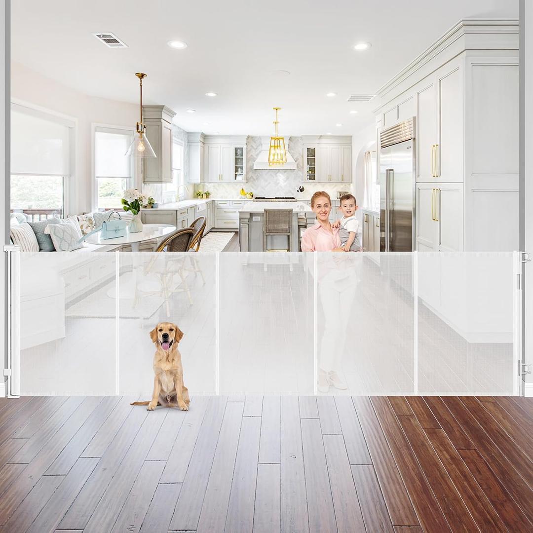 Reinforced 42" Tall Retractable Baby Gates 96" Wide Retractable Dog Gate with Support Rods-Prevent Crawling Under Long Baby Gate Extra Tall Dog Gate Indoor/Outdoor Retractable Gate, White