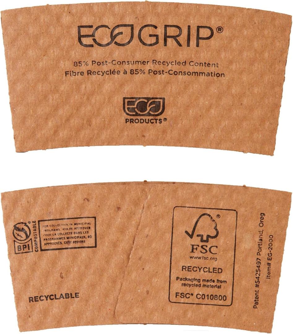 ECO PRODUCTS Recycled Coffee Cup Sleeves, Case Of 1300, Fits 10-20oz Hot Cups, Compostable, 100% Recycled Content With Up To 85% Post-Consumer Waste