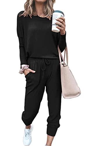 PRETTYGARDEN Women Fall 2 Piece Lounge Outfit Long Sleeve Tops High Waisted Jogger Pants Set Spring Travel Clothes Tracksuit (Black,Medium)