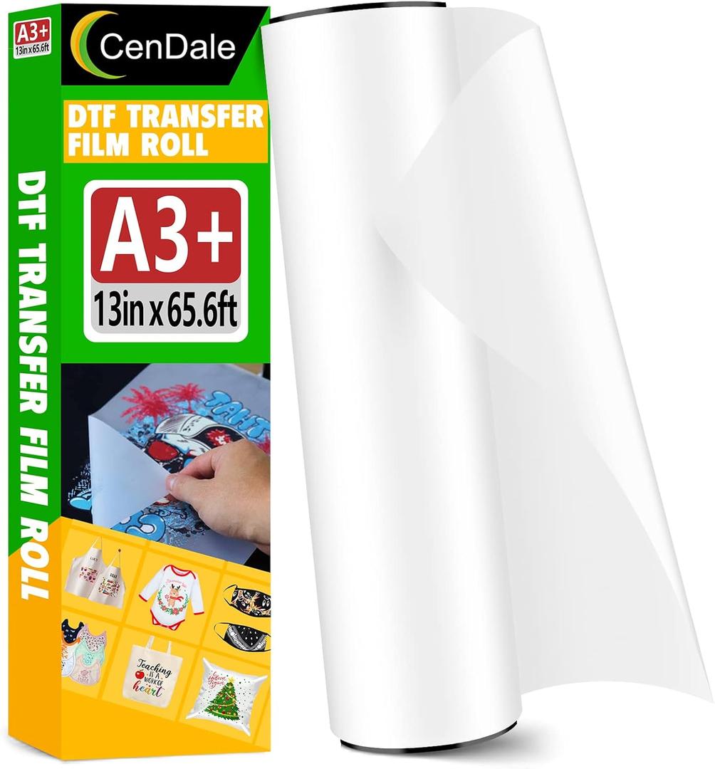 DTF Transfer Film Roll 13"x 65.6ft - Premium A3+ DTF Film Roll, Double Sided Matte Clear PreTreat PET Heat Transfer Paper, Hot & Cold Peel DTF Paper Roll, Direct to Film for T-Shirts Textile
