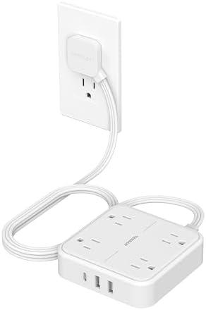 TESSAN Surge Protector Flat Extension Cord 5Ft, Flat Plug Power Strip with 4 Outlets 3 USB Ports (1 USB C), 900 Joules Protection, Multiple Wall Outlet Extender Suitable for Home Office Dorm, White