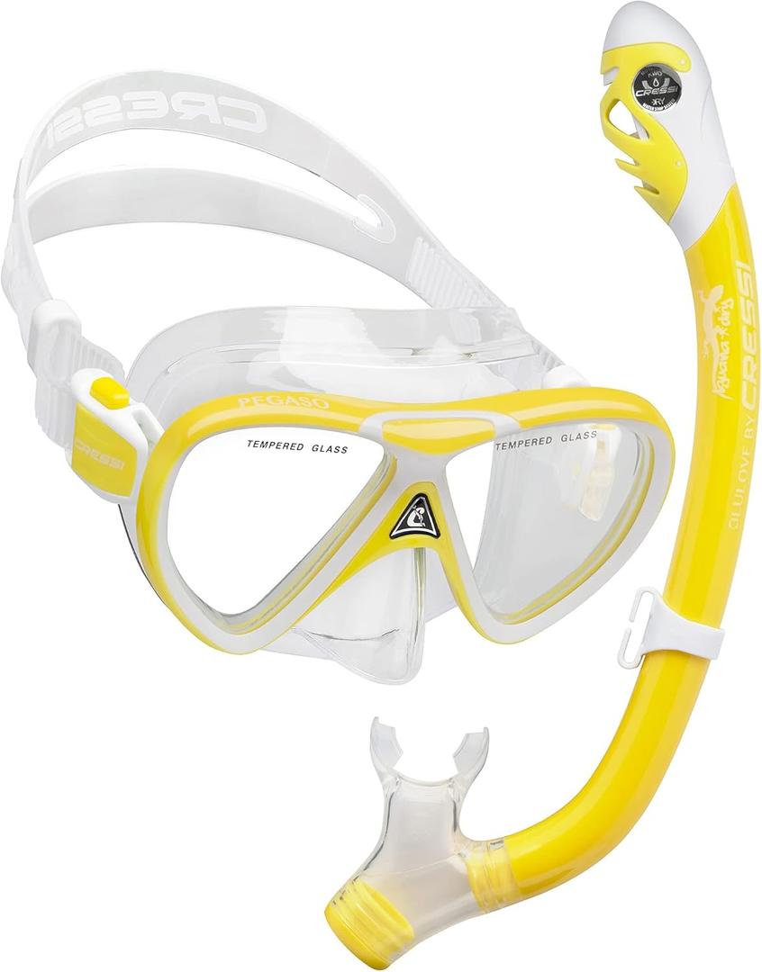 Cressi Snorkeling Silicone Set (mask & Dry Snorkel) for Kids Aged 5 to 15 Year Old - Pegaso & Iguana Dry: Designed in Italy (Yellow/White)