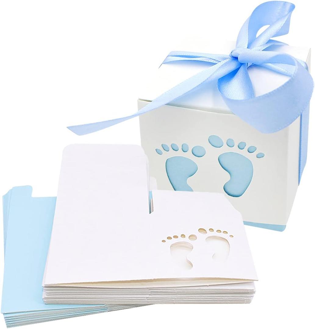 HADEEONG 50pcs Baby Shower Party Favor Boxes, 2.4 x 2.4 inch Small Candy Gift Treat Boxes Footprint Design for Kids Birthday Baby Shower Guests Wedding Party Supplies with Ribbon, Blue