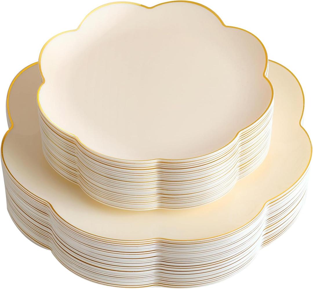 supernal 60pcs Ivory Gold Plastic Plates, Elegant Scalloped Disposable Dinnerware Set (30 Dinner & 30 Dessert Plates) - Heavy Duty Cream Floral Plates for Wedding, Bridal Shower, Mother's Day&Parties