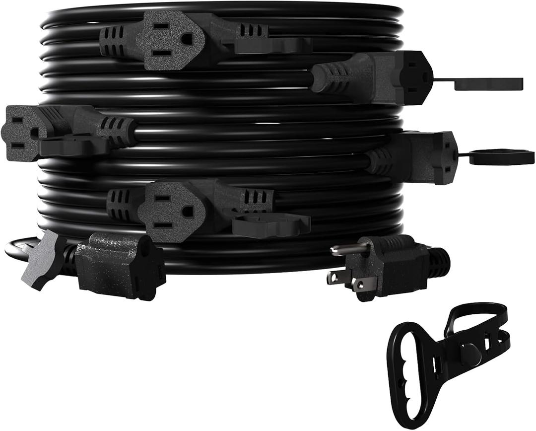 Black 25FT 16 Gauge SJTW Multi-Outlet Outdoor Extension Cord with Multiple Outlets, 6 Evenly Spaced Weatherproof Outlets, Great for Stage Backdrops, Landscape Lighting, Holiday Decor & Garden Tools