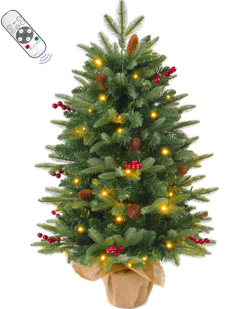 3FT Pre-lit Artificial Small Mini Christmas Tree with Warm White Multi-Color LED Lights, Remote Control and Timer, Perfect for Xmas Tabletop Decorations, Home, Kitchen, Dining Table (Green Red)