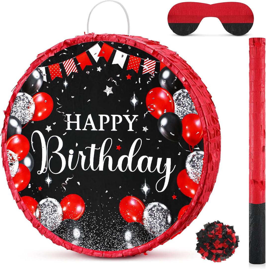 Sinmoe Birthday Piata with Stick Blindfold and Confetti for Boys Girls Men Women Birthday Party Supplies(Red and Black)