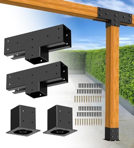 vikofan Pergola Brackets 4x4 for 6-Leg Advanced, T Brackets (2PCS) & 4x4 Post Base (2PCS), No Crossbeam, Outdoor Garden Medium Pergola Patio Frame Kit