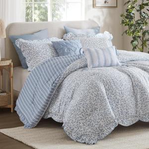 Madison Park Blue Floral Comforter Set Queen, 5PC Reversible Bedding Set | Botanical Print Bed Set with Scalloped Edges, Vintage Bedding with Decorative Pillows & Shams, All Season, Machine Washable