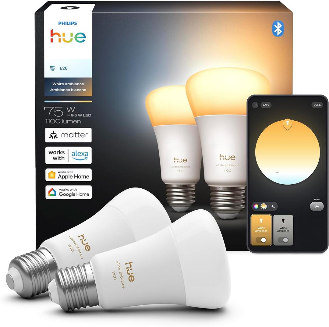 Philips Hue Smart LED A19 Bulb 2-Pack, White Ambiance, E26 Base, 9.5W, Full Spectrum Light 1000K-20000K, 1100 Lumens, Dimmable LED Bulbs, Works with Alexa, Google, and Apple Home