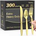 300 Count Extra Heavy Duty Gold Plastic Silverware, 100 Forks, 100 Spoons, 100 Knives, BPA-Free, Heat Resistant, Disposable Plastic Utensils Set, Plastic Cutlery Set, Plasticware Bulk