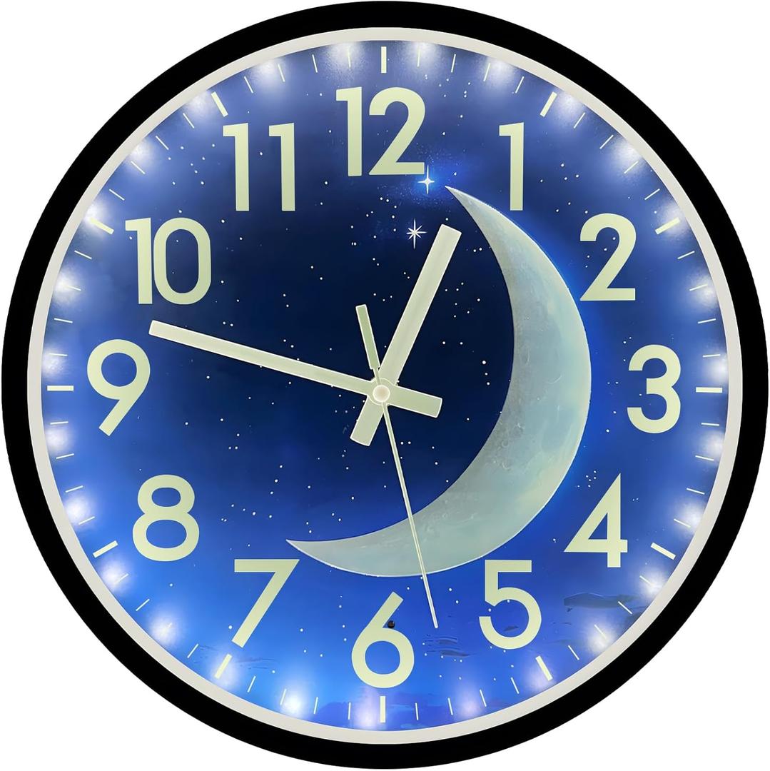 JoFomp LED Glow in Dark Wall Clock, 12 Inch Silent, Blue Moon Night Light for Living Room Decor, Sound Control Glow in The Dark for Bedroom