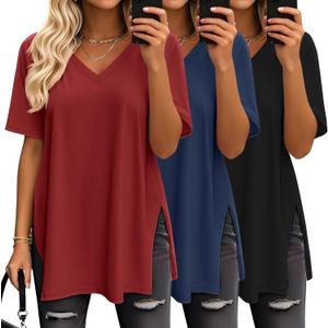 Huukeay 3 Pack Oversized Shirts for Women V Neck Workout T Shirt Casual Side Split Tee Short Sleeve Loose Tops Tunic Tops (M)