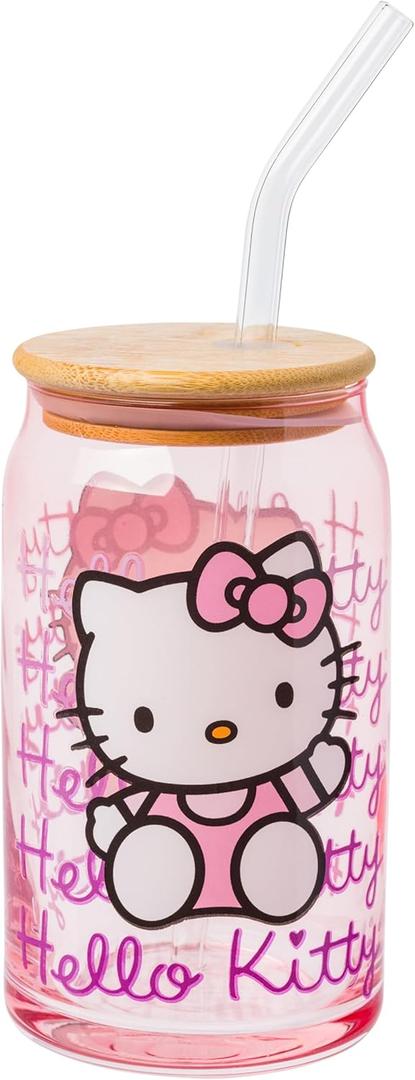 Silver Buffalo Sanrio Hello Kitty Waving Pink Glass Jar Tumbler with Bamboo Lid and Glass Straw, 16 Ounces | Sanrio, Waving, Jar, Tumbler, Bamboo Lid, Glass Straw