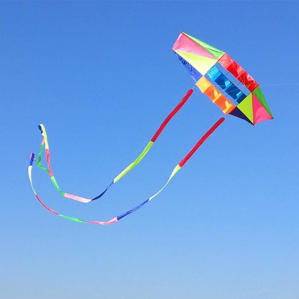 Beach Kites for Adults Large with Long Tail, 98 inches Super Easy Flyer 3D Rainbow Box Kites, Comes with Two 49 Feet Multi Colors Tails, 300 ft Kite String & Handle Multi-Color Radar Kite