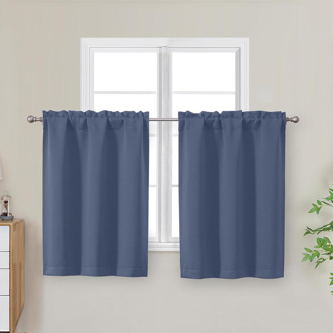OWENIE Denim Blue Kitchen Curtains 30 Inch Length, Short Blackout Small Thermal Insulated Curtains Tier Over Sink Rod Pocket Half Window for Bathroom Bedroom Camper RV Bunk, 2 Panels, Each 30" Wx30 L