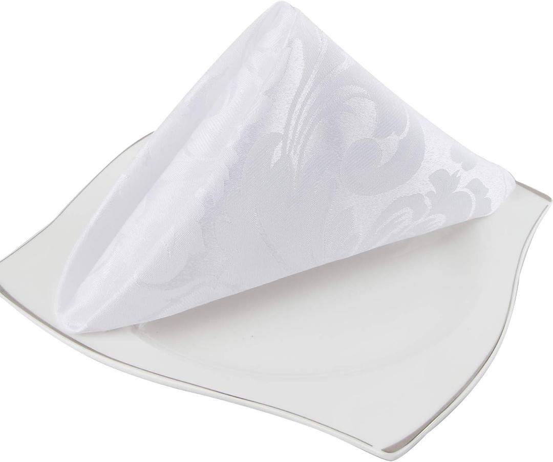 EHouseHome Damask Jacquard Cloth Napkins Waterproof Spillproof Polyester Fabric Napkins,White,Set of 4, 17 x 17 Inch