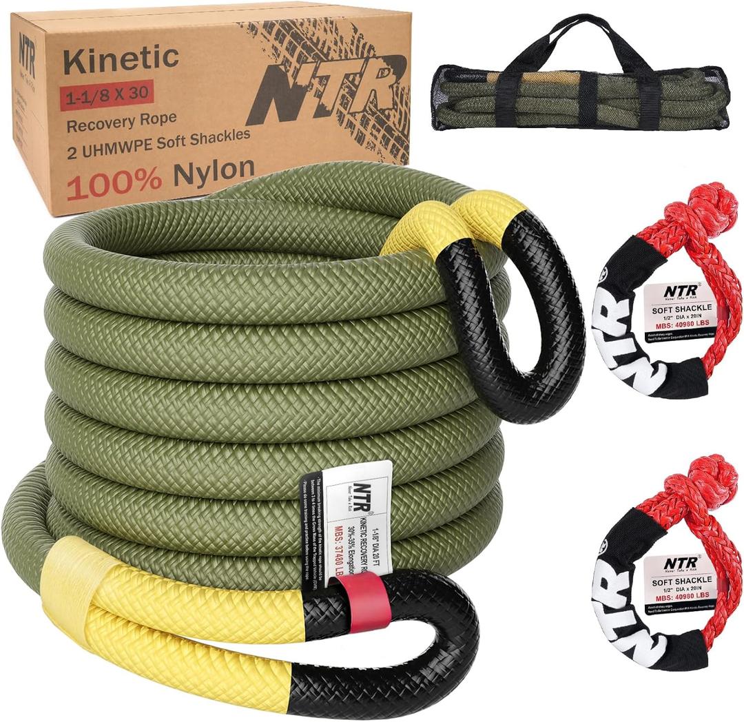 NTR 1-1/8" x 30' Kinetic Recovery Tow Rope (37,480lbs), with 2 UHMWPE Soft Shackles (40,980lbs), Heavy-Duty Offroad Snatch Strap, Vehicle Recovery kit for Jeep car Truck ATV UTV SUV