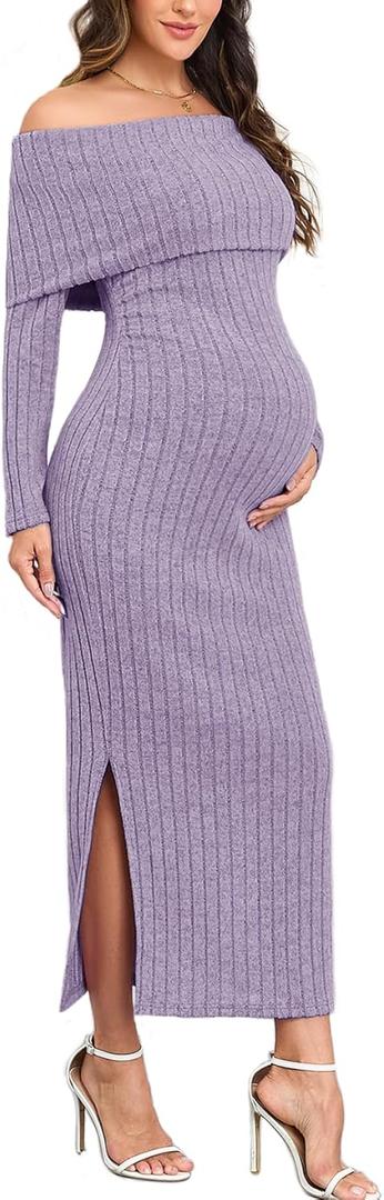 CYCLAMEN Off-Shoulder Maternity Sweater Dress Rib Knit Long Sleeve Dresses with Side Slit Pregnancy Clothes Baby Shower (X-Large, Purple)