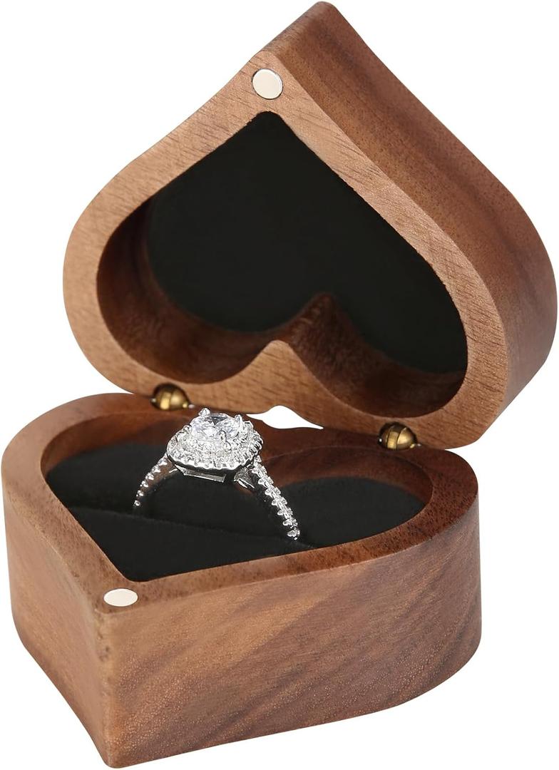 LETURE Wooden Heart Shape Ring Gift Box with Single Slot 2 Slot, Personalized Vintage Wood Jewelry Box for Proposal Engagement Wedding Ceremony Anniversary (Black-1 Slot)