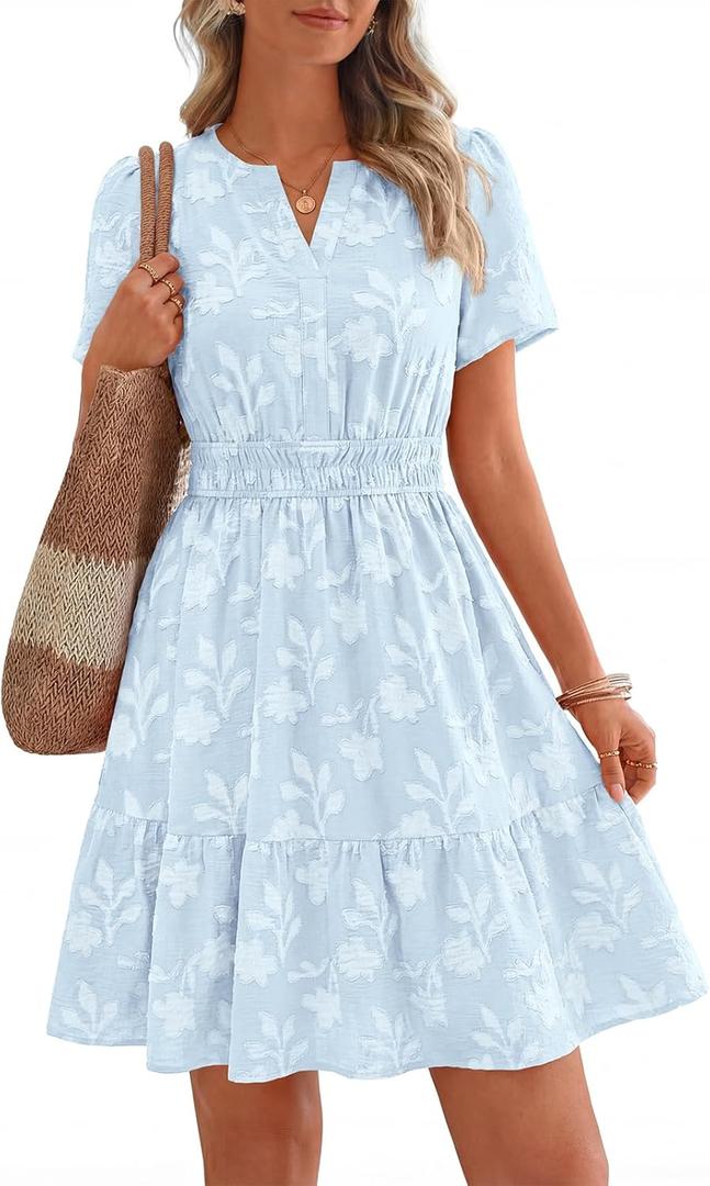 PRETTYGARDEN Womens 2026 Summer Mini Dress with Pockets Floral Short Sleeve V Neck Elastic Waist Cute Dresses Beach Sundress, Small