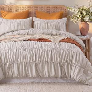 Bedbay Cotton Ruched Comforter for King Size Bed,Breathable Cotton Boho Comforter Set,Shabby Chic Ruffle Bedding Vintage Farmhouse Quilt Set,Soft Durable 3 Pcs Fluffy Comforter Bedroom Decor