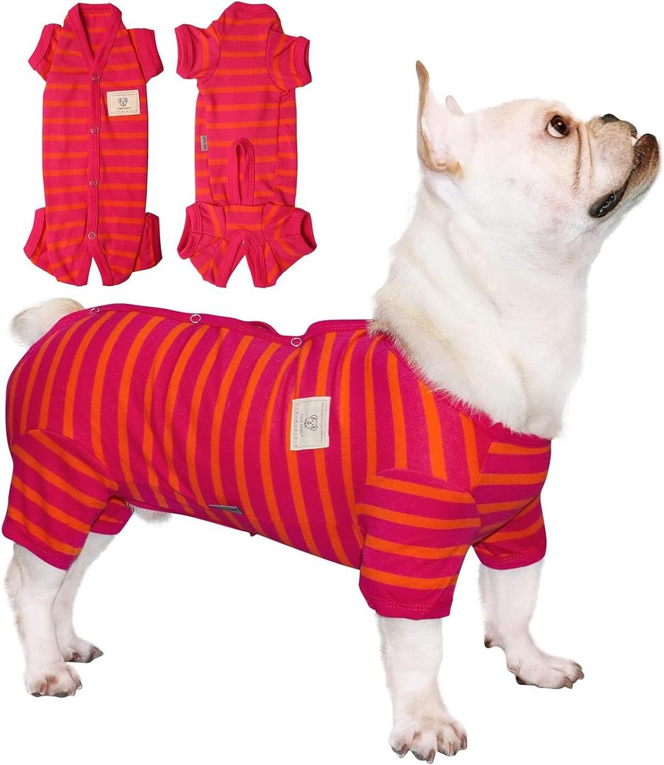 TONY HOBY Dog Pajamas, Female/Male Dog 4 Legged Pajamas, Soft Cotton Dogs Jumpsuit with Stripes (Rose Red&Orange, Girl, XL)