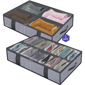 Onlyeasy Under Bed Shoe Storage Organizers for Kids and Adults Fit 14 Pairs of Shoes & 4 Pairs of Boots, Sturdy Under bed Organizer with 2 Strong Zippers and 4 Handles, Linen-like Grey, MXDUBS14S4