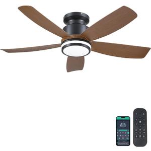 Ceiling Fans with Lights and Remote/APP Control, 41 inch Low Profile Flush Mount Ceiling Fan with Lights, LED Dimmable 5 Reversible Curved Blades 3 CCT 6 Speeds for Bedroom Living Room, Wood