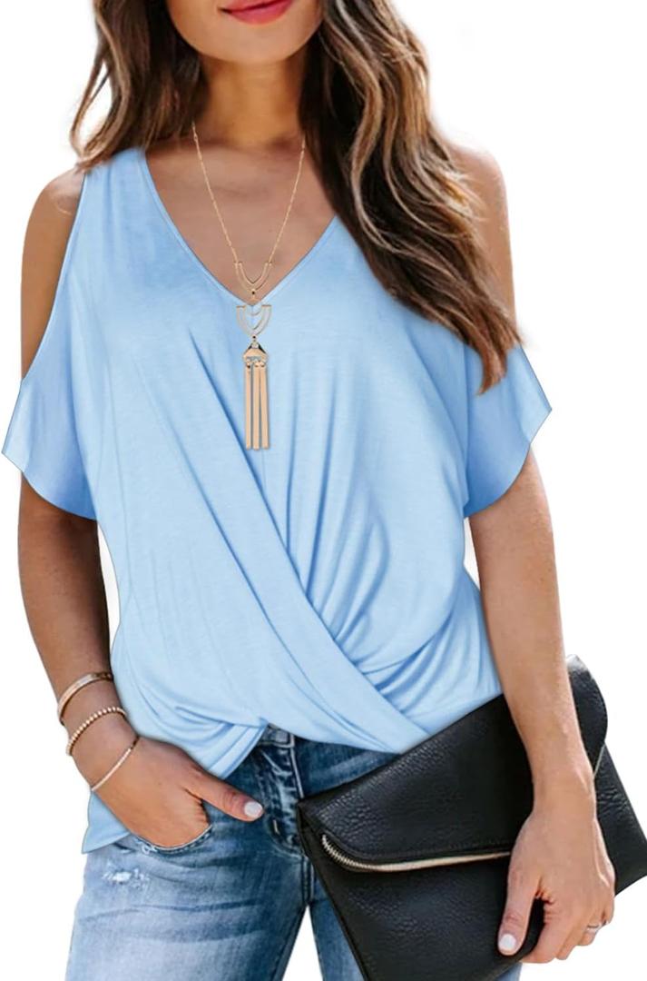 LEIYEE Womens Summer Cold Shoulder Tops Short Sleeve Front Twist Knot V Neck T Shirts Draped Blouses (Blue, XL)