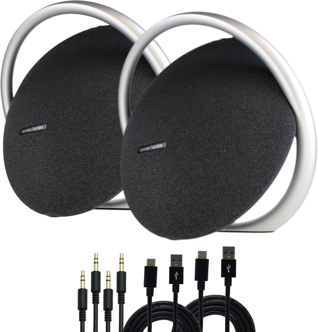 Harman Kardon Onyx Studio 8 Bluetooth Wireless Portable Speaker (Black) (HKOS8BLKAM) + 2 x USB-C Cable + 2 x AUX Cable (2-Pack)