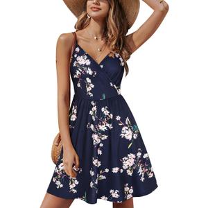 STYLEWORD Womens Sundress Summer Floral Wrap V Neck Backless A-Line Casual Beach Midi Dress, S